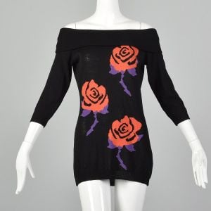 XS 1988 Gianni Versace Black Sweater Floral Rose Novelty Off the Shoulder Tunic Top Dress