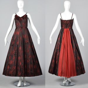 XS 1950s Formal Evening Dress Prom Black Red Brocade Gown