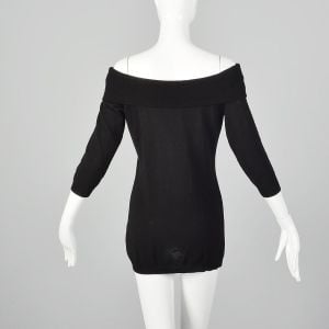 XS 1988 Gianni Versace Black Sweater Floral Rose Novelty Off the Shoulder Tunic Top Dress - Fashionconservatory.com