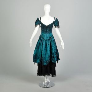 XS 1980s Alfred Angelo Teal Satin Black Lace Layered Evening Prom Dress - Fashionconservatory.com