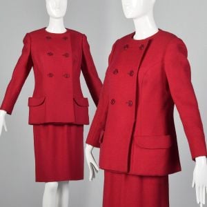 Medium 1960s Wool Skirt Suit Pockets Long Sleeve Winter Side Zip Double Breasted Dark Pink Jacket
