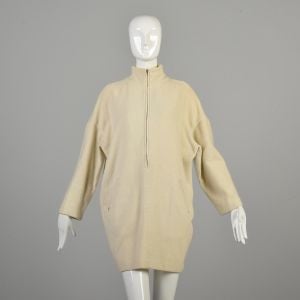 1980s XL XXL Cream Sweater Half Zip Dress Drop Shoulder Angora Wool Off White Byblos Brand