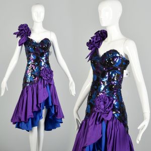 Large 1980s Purple Blue Sequin Asymmetric Mermaid Ruffle Prom Dress