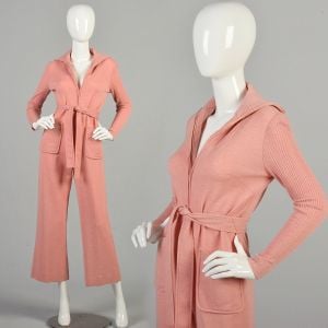 Medium 1970s Peach Ribbed Knit Belted Zipper Jumpsuit