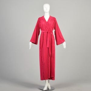 1970s XXL Hot Pink Velour Robe Corduroy Stripe Belted Loungewear