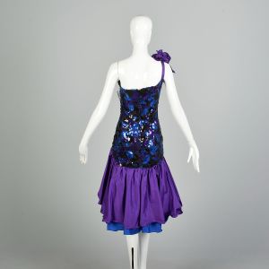 Large 1980s Purple Blue Sequin Asymmetric Mermaid Ruffle Prom Dress - Fashionconservatory.com