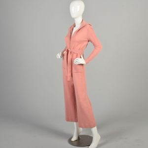 Medium 1970s Peach Ribbed Knit Belted Zipper Jumpsuit - Fashionconservatory.com