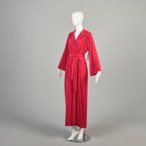1970s XXL Hot Pink Velour Robe Corduroy Stripe Belted Loungewear - Fashionconservatory.com