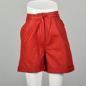 XS 1980s Red Leather Shorts Sexy Cuffed Bottoms Pleated Front