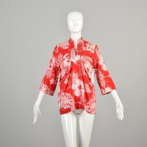 1970s Medium Red White Cotton Hawaiian Hibiscus Print Shirt Belted 3/4'' sleeves Mandarin Collar