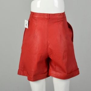XS 1980s Red Leather Shorts Sexy Cuffed Bottoms Pleated Front - Fashionconservatory.com