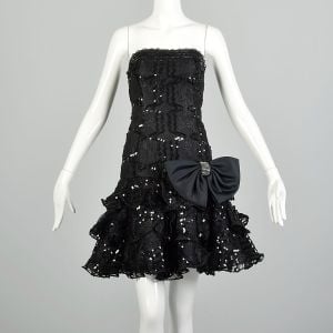 Medium 1980s Black Sequin Ruffle Lace Cocktail Party Prom Dress