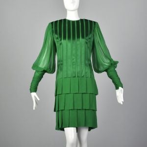 Small 1980s Galanos Emerald Green Dress Sheer Long Bishop Sleeves Short Pleated Ruffled Skirt
