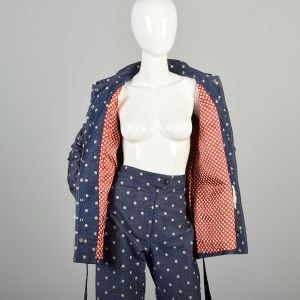 1970s S/M White Daisy Embroidered Two Piece Blue Denim Pants Jacket Set - Fashionconservatory.com