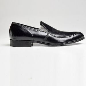 Sz9 1960s Polished Black Leather Loafer Textured Slip-On Shoe Top Stitched Deadstock - Fashionconservatory.com