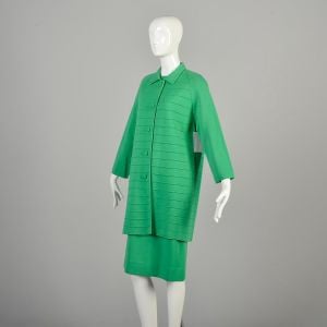 1960s Large Green 100 % Wool Knit Three Piece Set Button Up Jacket Collared By World Knits  - Fashionconservatory.com