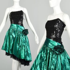 XS 1980s Green Lame Black Sequin Asymmetrical Strapless Evening Party Dress