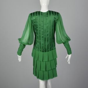 Small 1980s Galanos Emerald Green Dress Sheer Long Bishop Sleeves Short Pleated Ruffled Skirt - Fashionconservatory.com
