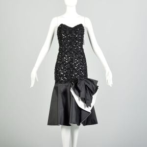 L | 1980s Strapless Drop Waist Sequined Ruffled Prom Evening Dress - Fashionconservatory.com