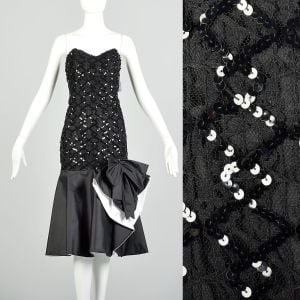 L | 1980s Strapless Drop Waist Sequined Ruffled Prom Evening Dress