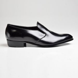 Sz11 1960s Black Leather Loafer Polished Leather Slip-On Shoe Deadstock - Fashionconservatory.com