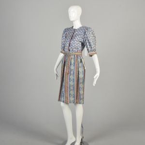 1980s Medium Blue Floral Print Summer Dress Deadstock Pretty Patterned Belted Poof Sleeves - Fashionconservatory.com