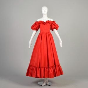 1980s XXS Red Ruffled Prom Dress Off Shoulder Bubble Sleeves Full Shirt Shawl