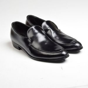 Sz9 1960s Polished Black Leather Loafer Classic Slip-On Shoe Top Stitched Deadstock