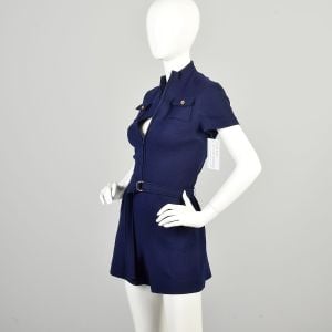 Medium 1970s Navy Blue Hot Pants Romper Belted Short Sleeve Zipper Front  - Fashionconservatory.com
