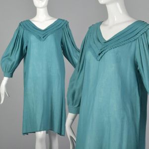 Medium 1980s Byblos Teal Tunic Dress Blue Long Sleeve Ruffled V-Neck Summer Linen Cotton Blend