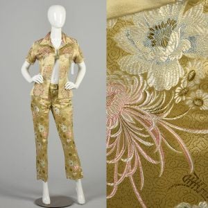 Medium 1990s Gold Embroidered Matching Set Blouse and Pants 