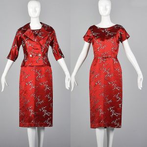 Small 1960s Dress Red Floral Brocade Matching Jacket