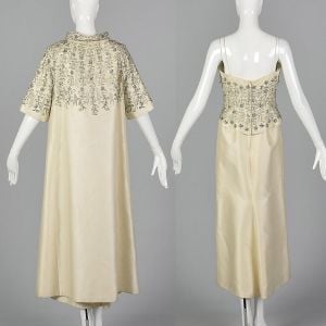 XS 1960s Wedding Dress Two Piece Set Ivory White Beaded Opera Coat Strapless Long Maxi Gown - Fashionconservatory.com