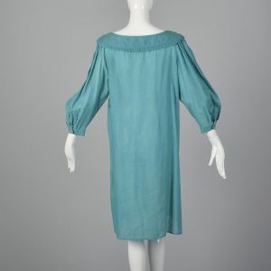Medium 1980s Byblos Teal Tunic Dress Blue Long Sleeve Ruffled V-Neck Summer Linen Cotton Blend - Fashionconservatory.com