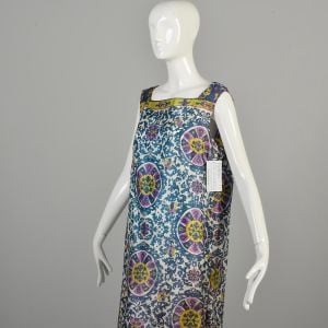  1960s XL Floral Print Day Dress Silky Shift Shape Casual Blue Purple Green Pattern Sleeveless  - Fashionconservatory.com