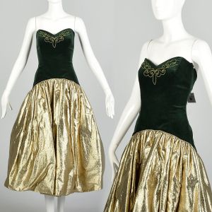 XS | Strapless 1980s Drop Waist Gold Lamé Prom Dress by Barboglio Christina Jan