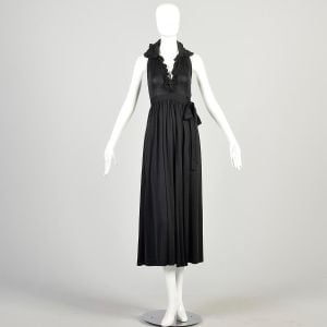 1970s XXS Black Wrap Dress Ruffled Collar Deep V neck Neckline Sleeveless Polyester - Fashionconservatory.com