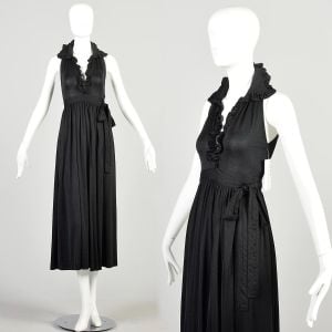 1970s XXS Black Wrap Dress Ruffled Collar Deep V neck Neckline Sleeveless Polyester