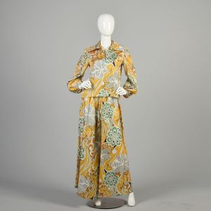 Small 1970s Funky Printed Palazzo Pant Three Piece Set Crop Top Blouse Outfit - Fashionconservatory.com