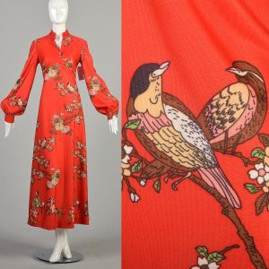 1970s Medium Red Bird Floral Novelty Print Mandarin Collar Maxi Dress Long Sleeve