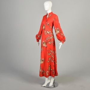 1970s Medium Red Bird Floral Novelty Print Mandarin Collar Maxi Dress Long Sleeve - Fashionconservatory.com