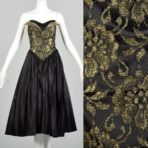 S | 1980s Black and Metallic Gold Strapless Prom Date Night Dress by Patricia