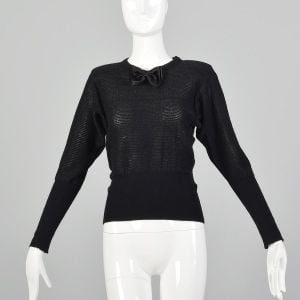 XXS 1980s Sonia Rykiel Sweater Black Silver Metallic Lurex Stripe Long Sleeve Bow Neck Top