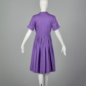 XS 1950s Purple Day Dress Rockabilly Shirtwaist Casual Cotton Shirtdress - Fashionconservatory.com