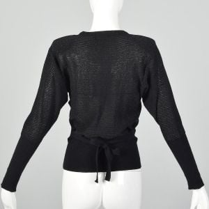 XXS 1980s Sonia Rykiel Sweater Black Silver Metallic Lurex Stripe Long Sleeve Bow Neck Top - Fashionconservatory.com