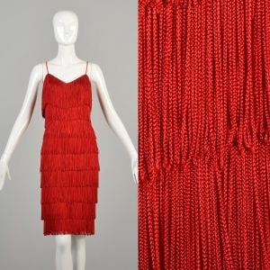 1980s XS Red Fringe Dress Spaghetti Strap Flapper Style Knee Length