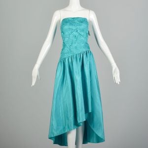 Small 1980s Teal Strapless Asymmetrical Hem Formal Prom Dress