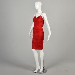 1980s XS Red Fringe Dress Spaghetti Strap Flapper Style Knee Length - Fashionconservatory.com
