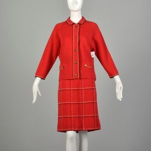 Medium 1960s Set Red Plaid Skirt Autumn Sweater Cardigan Outfit