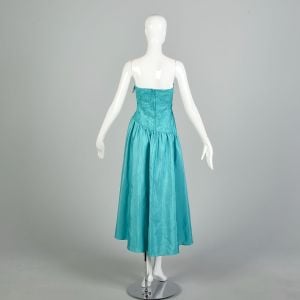 Small 1980s Teal Strapless Asymmetrical Hem Formal Prom Dress - Fashionconservatory.com